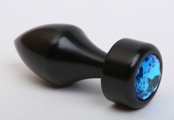 Купить Чёрная анальная пробка с широким основанием и голубым кристаллом - 7,8 см. в Москве.