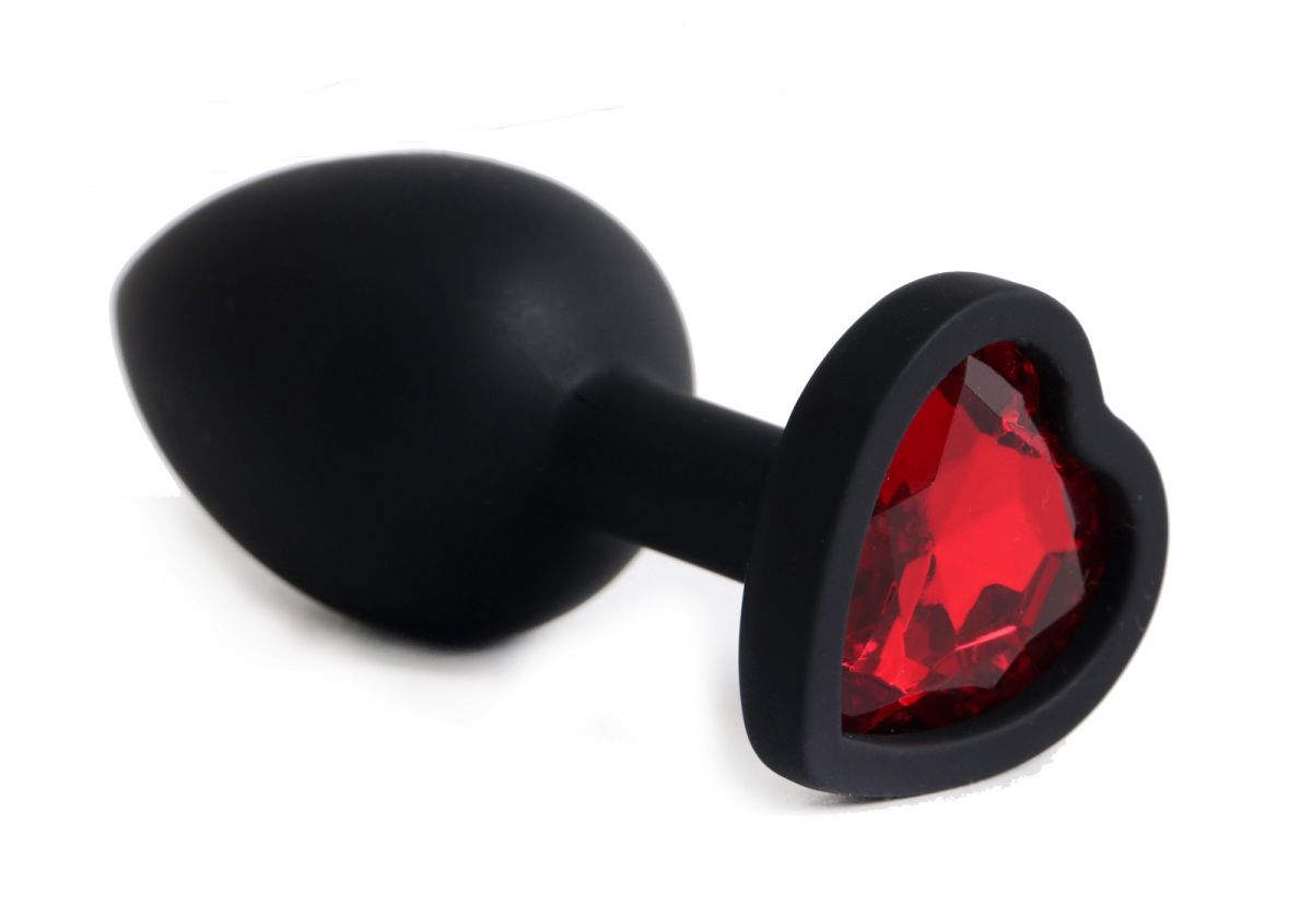 Купить Черная анальная силиконовая пробка с красным стразом-сердцем - 7,5 см. в Москве.