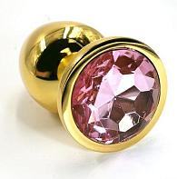 Купить Золотистая алюминиевая анальная пробка с светло-розовым кристаллом - 6 см. в Москве.