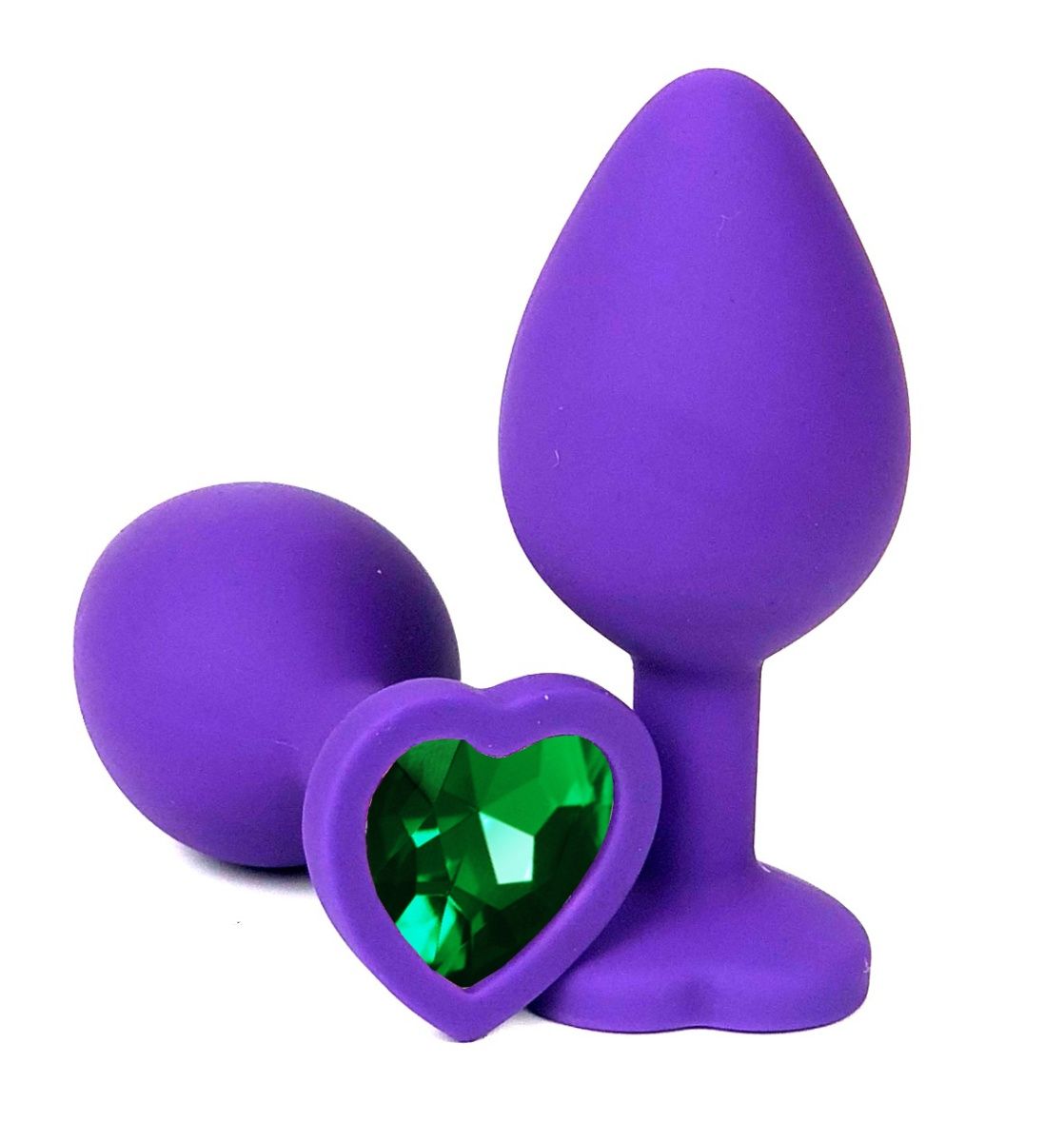 Купить Фиолетовая силиконовая анальная пробка с зеленым стразом-сердцем - 8,5 см. в Москве.