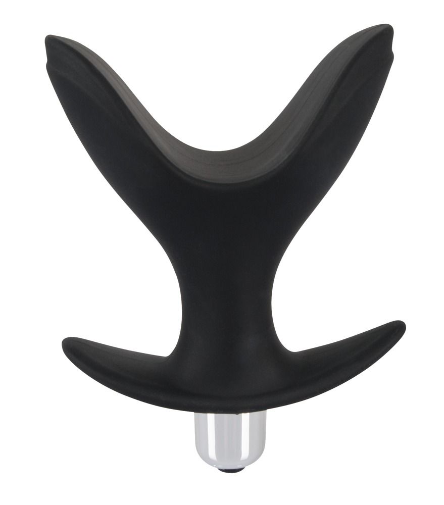 Купить Чёрная анальная V-образная пробка Black Velvets Vibrating Anchor Plug с вибрацией - 10,3 см. в Москве.