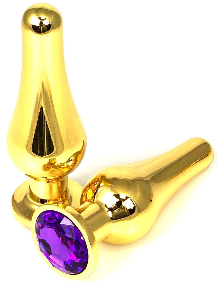 Купить Золотистая удлиненная анальная пробка с фиолетовым кристаллом - 11,5 см. в Москве.