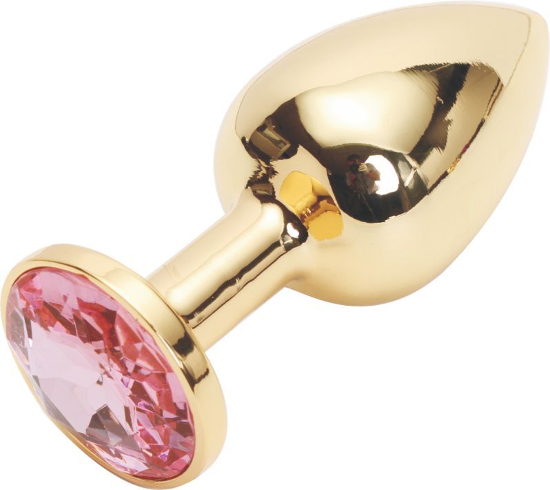 Купить Золотистая анальная пробка с розовым кристаллом размера M - 8 см. в Москве.