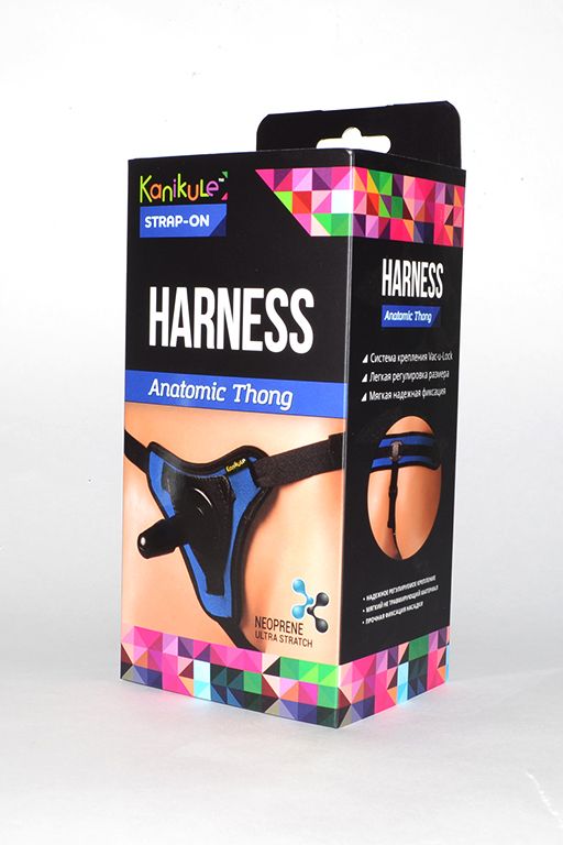 Купить Сине-чёрные трусики с плугом Kanikule Strap-on Harness Anatomic Thong в Москве.