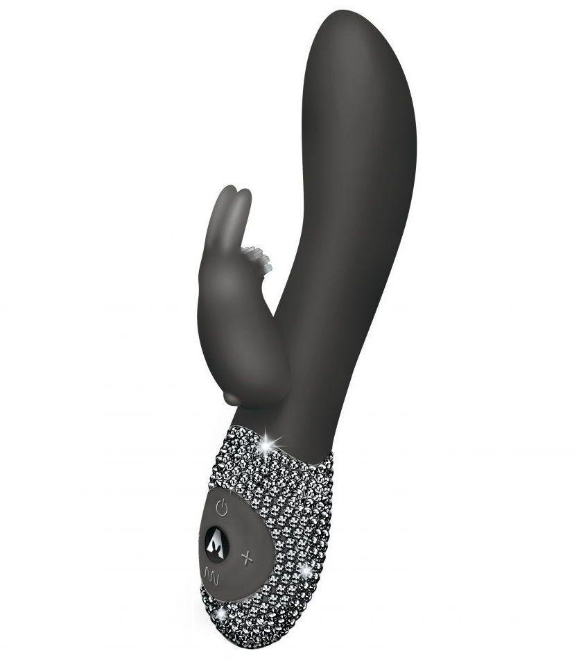 Купить Чёрный вибромассажёр с клиторальным отростком и отделанной стразами рукоятью The Classic Rabbit - 22 см. в Москве.