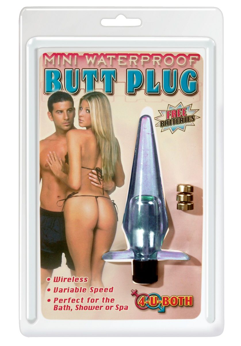 Купить Голубая анальная пробка Mini Waterproof Butt Plug с вибрацией - 12,1 см. в Москве.