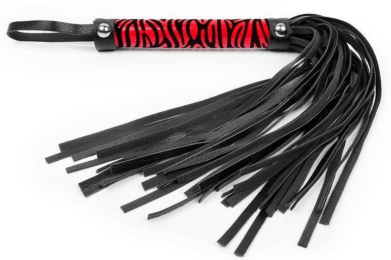 Купить Черная многохвостовая плеть с круглой красной ручкой-зеброй - 39 см. в Москве.