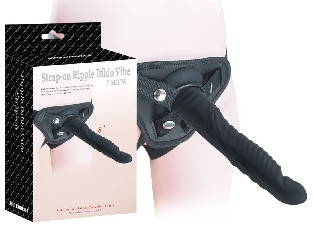 Купить Черный страпон 8 inch Strap-on Ripple Dildo Vibe - 21 см. в Москве.