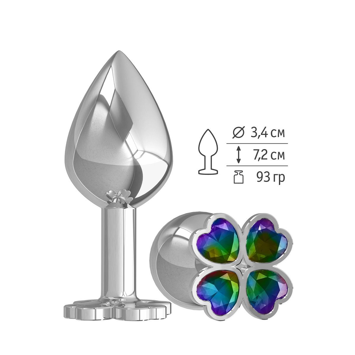 Купить Средняя серебристая анальная втулка с клевером из радужных кристаллов - 8,5 см. в Москве.