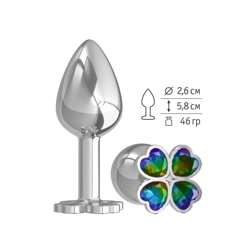Купить Серебристая анальная втулка с клевером из радужных кристаллов - 7 см. в Москве.