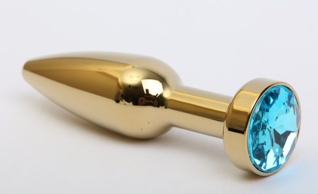 Купить Золотистая анальная пробка с голубым кристаллом - 11,2 см. в Москве.