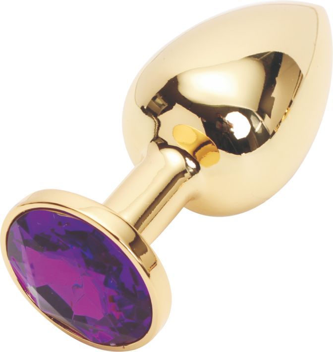 Купить Золотистая анальная пробка с фиолетовым кристаллом размера M - 8 см. в Москве.