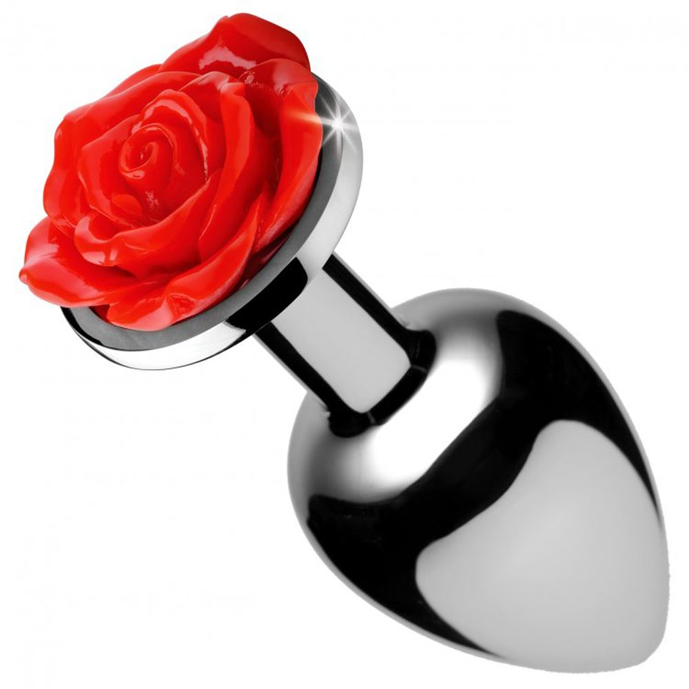 Купить Серебристая анальная пробка с розой Red Rose Butt Plug - 8 см. в Москве.