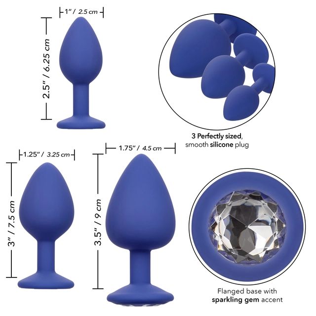 Купить Набор из трёх синих анальных пробок с кристаллом Cheeky Gems в Москве.