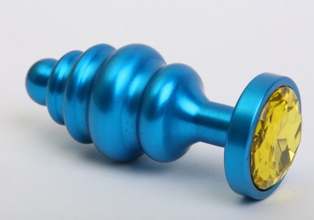 Купить Синяя ребристая анальная пробка с жёлтым кристаллом - 7,3 см. в Москве.