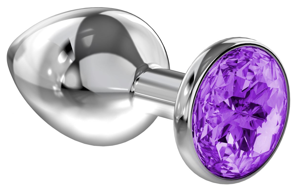 Купить Малая серебристая анальная пробка Diamond Purple Sparkle Small с фиолетовым кристаллом - 7 см. в Москве.