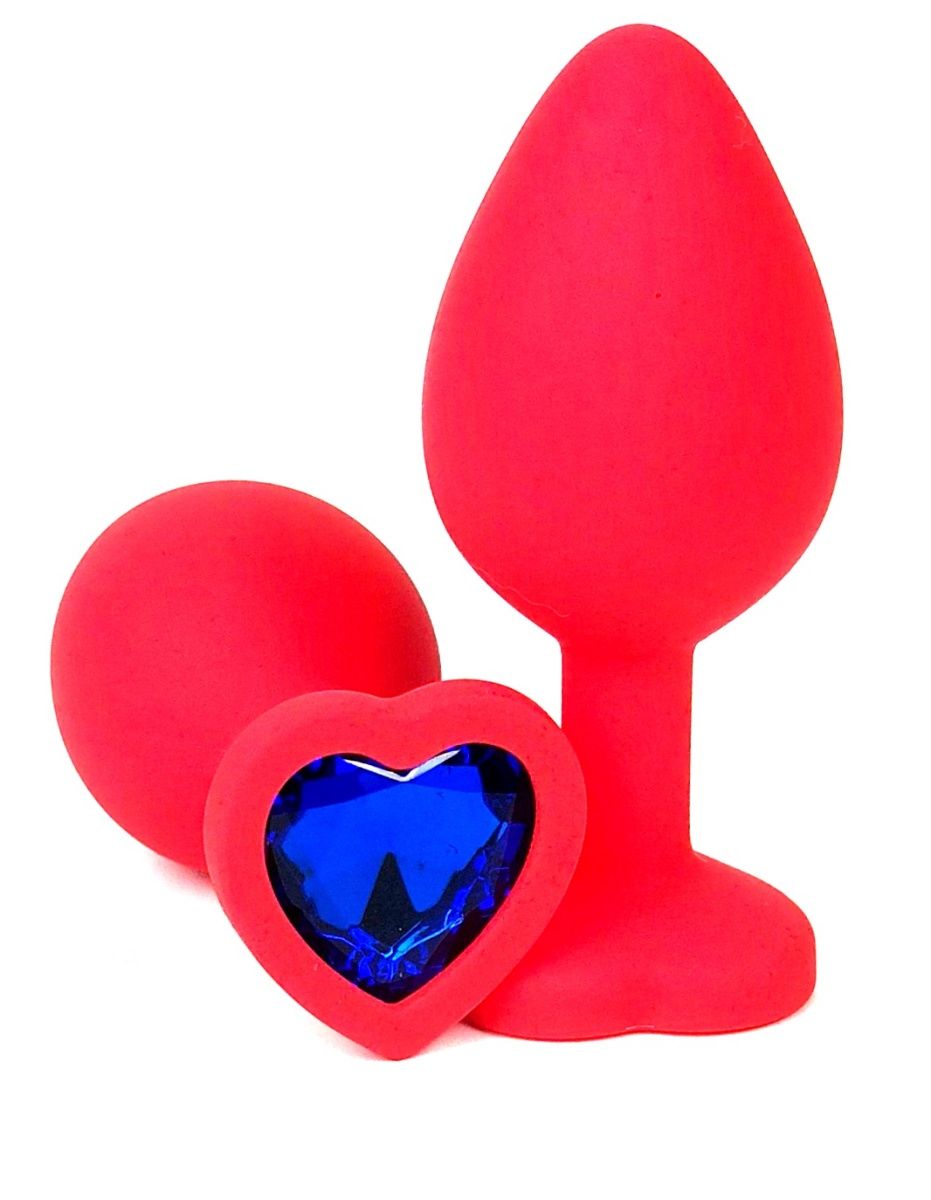 Купить Красная силиконовая анальная пробка с синим стразом-сердцем - 10,5 см. в Москве.