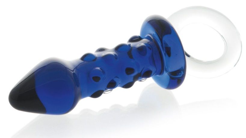 Купить Синяя стеклянная анальная втулка с ручкой-кольцом - 10,5 см. в Москве.