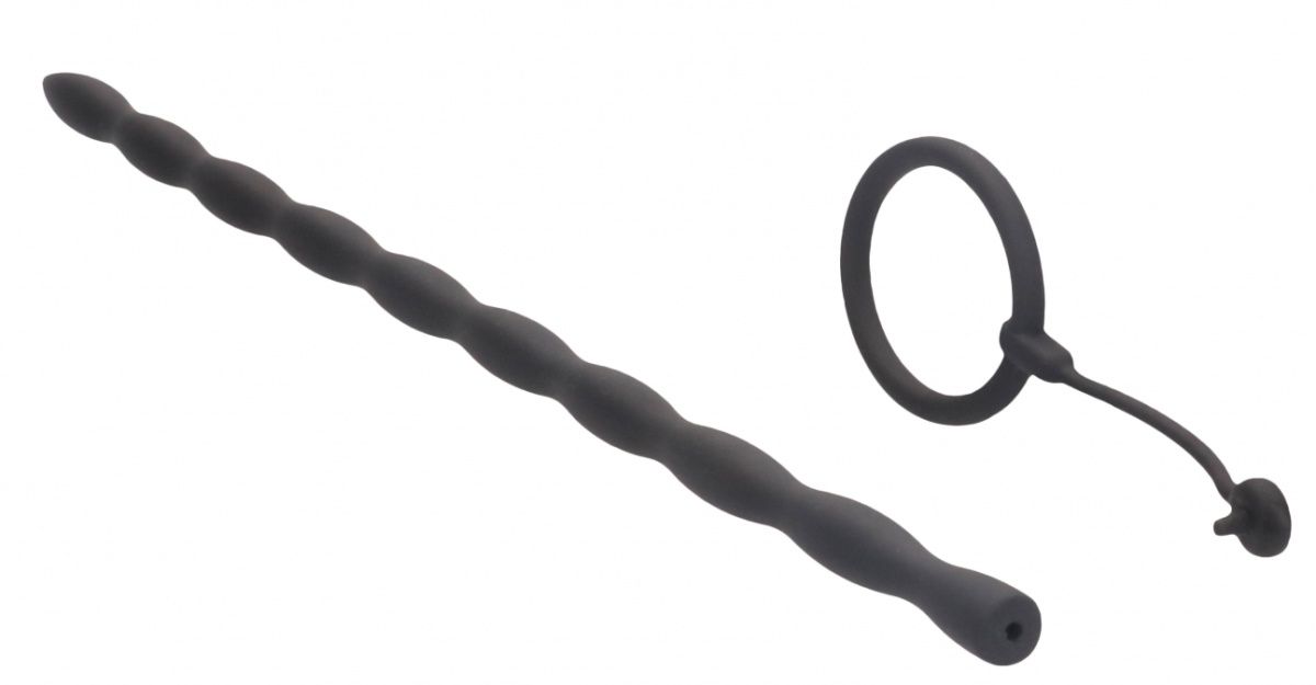 Купить Черный стимулятор уретры с кольцом на головку Silicone Plug   Cock Ring Set в Москве.