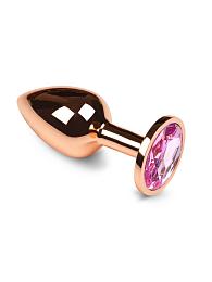 Купить Маленькая золотистая анальная пробка с розовым кристаллом - 6 см. в Москве.