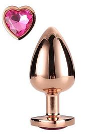 Купить Золотистая анальная втулка с кристаллом-сердечком розового цвета - 7,1 см. в Москве.