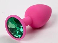 Купить Розовая анальная пробка с зеленым кристаллом - 9,5 см. в Москве.