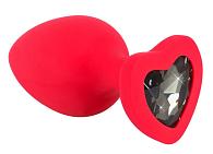 Купить Красная силиконовая анальная пробка с черным стразом-сердечком - 7,9 см. в Москве.