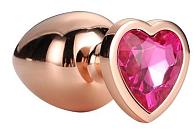 Купить Золотистая анальная втулка с кристаллом-сердечком розового цвета - 7,1 см. в Москве.
