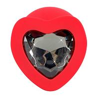 Купить Красная силиконовая анальная пробка с черным стразом-сердечком - 9,3 см. в Москве.